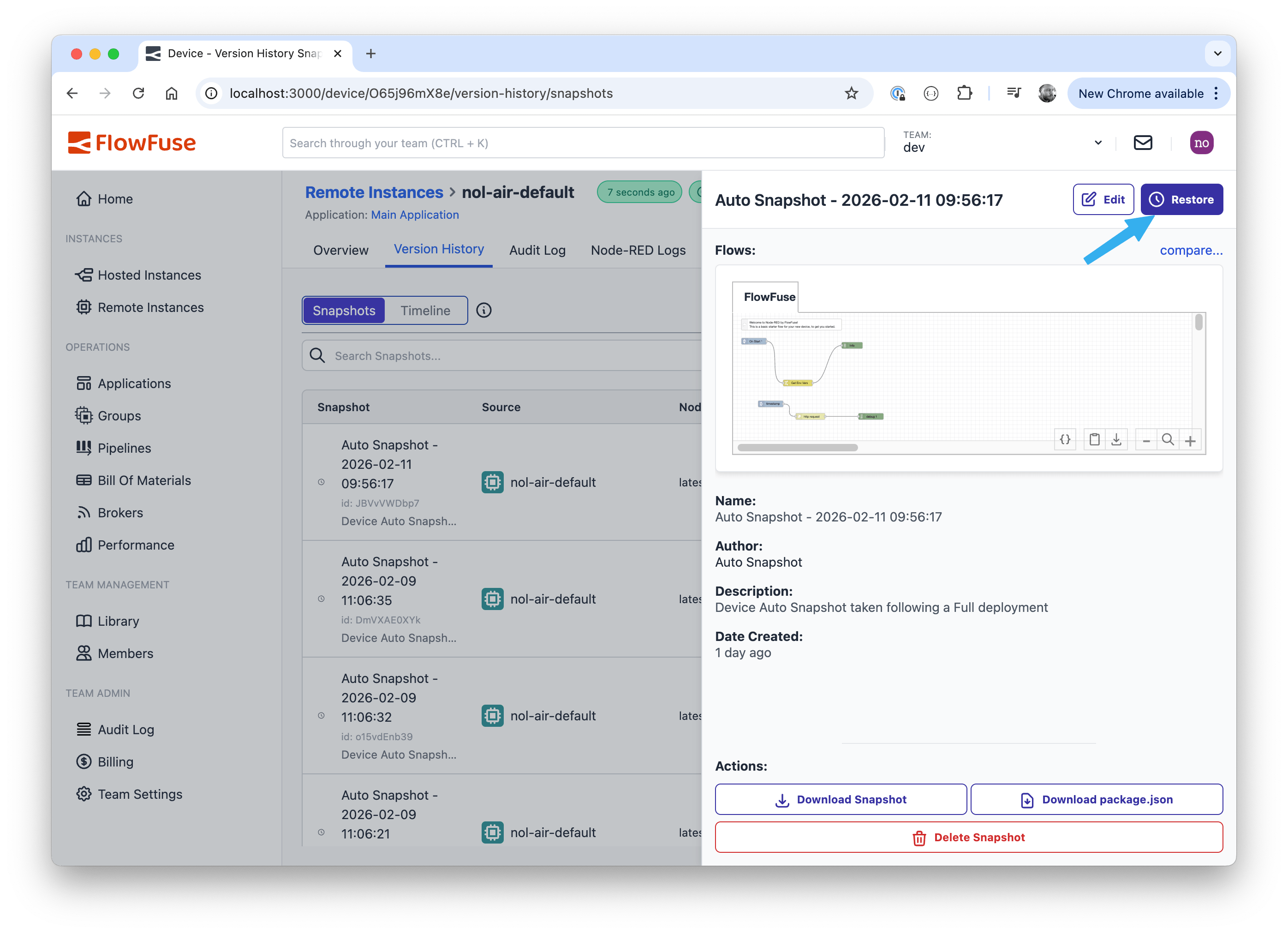 Restoring a snapshot while in Developer Mode